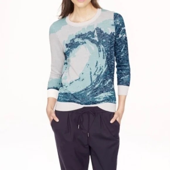 J. Crew Blue and White Wave Pattern Sweater - Picture 2 of 7